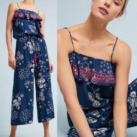 RAGA Dresses & Skirts - ANTHROPOLOGIE RAGA FRILL TOP BLUE & WHITE FLORAL JUMPSUIT WOMEN'S SIZE M